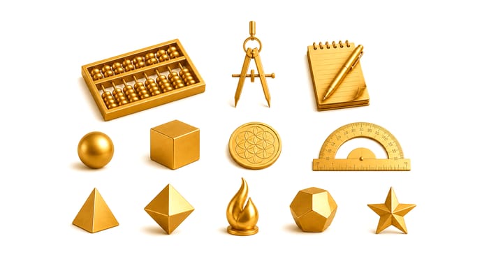 Numerology Calculators Hero Collection of gold 3D calculation tools and geometric forms arranged on white background