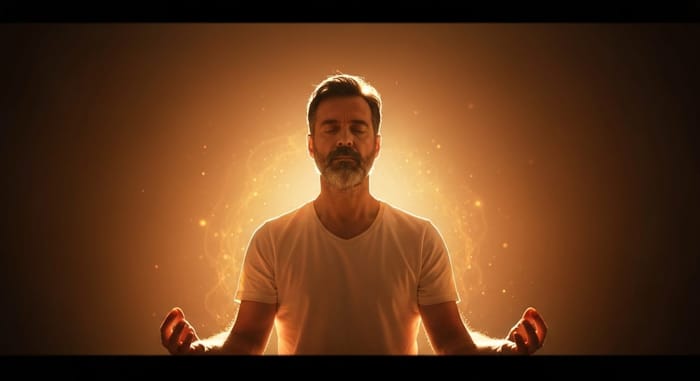 Person meditating in golden sunlight, expressing peace. Person meditating in golden sunlight, expressing peace.