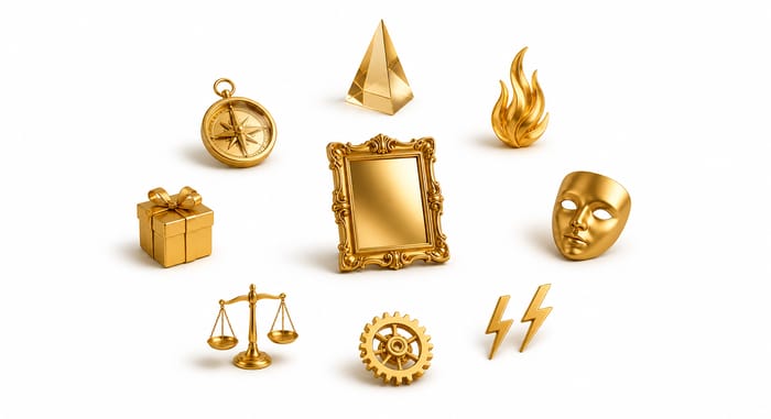 Numerology Chart Hero Gold 3D objects representing the components of a numerology chart — compass, prism, flame, mask, scales, and gears on white background