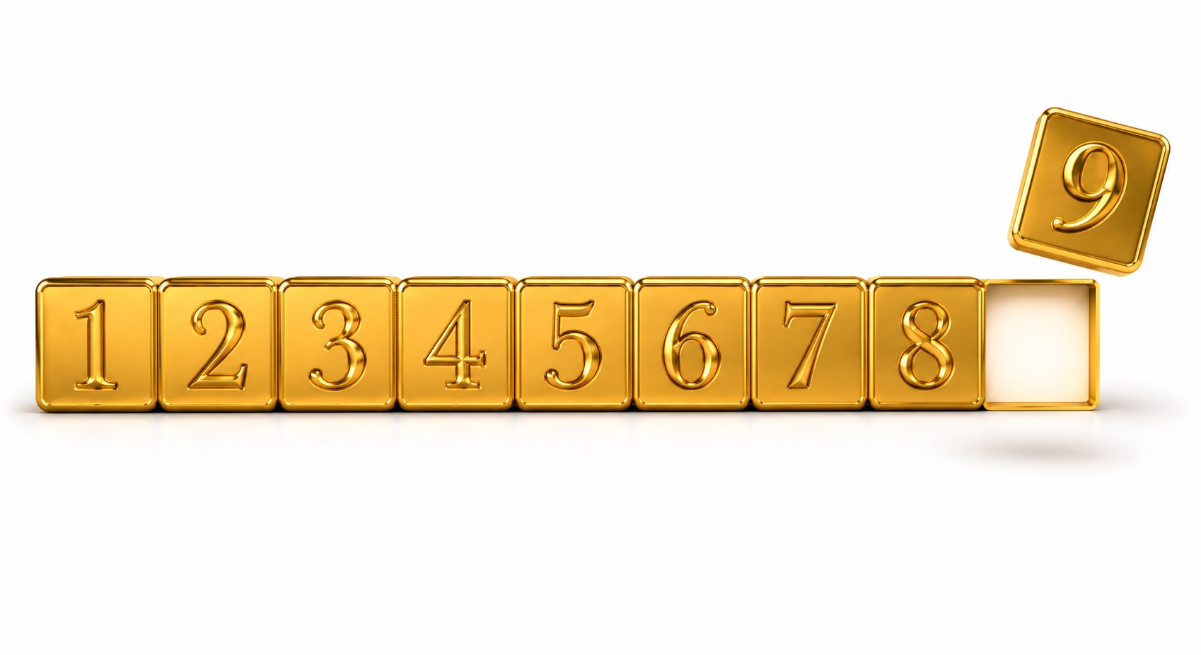 Chaldean Numerology - The Missing 9 Gold tiles numbered 1 through 9, with the 9 floating apart — representing Chaldean numerology's sacred number