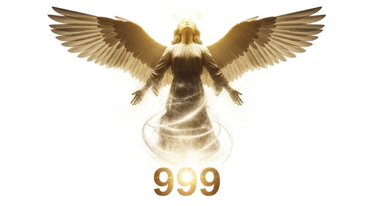 Golden angel with wings spread wide and number 999 Golden angel with wings spread wide and number 999