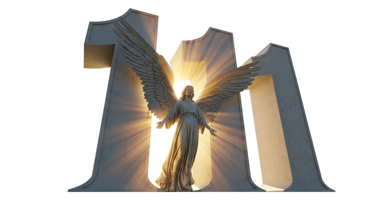 Angel statue emerging from number 111 with radiant light Angel statue emerging from number 111 with radiant light
