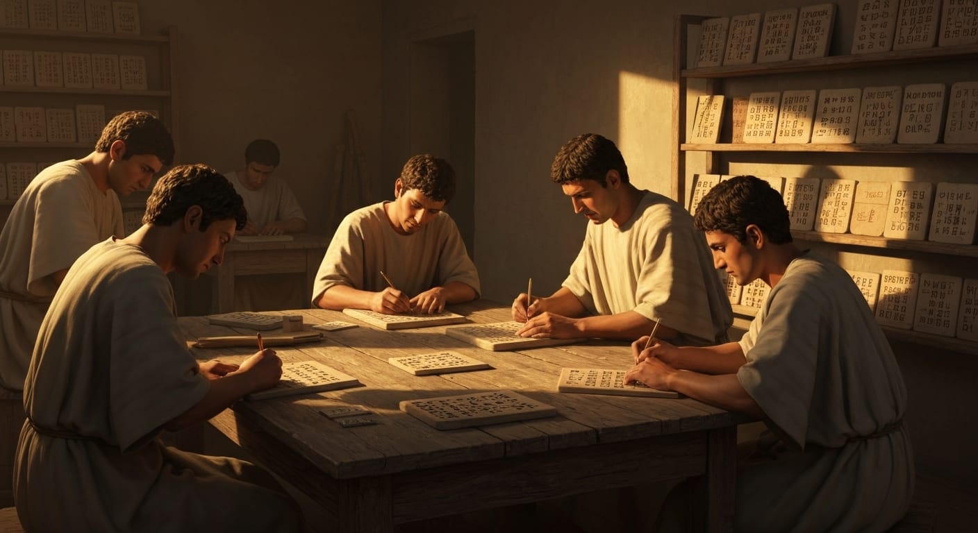 Babylonian mathematicians using cuneiform on clay tablets. Babylonian mathematicians using cuneiform on clay tablets.