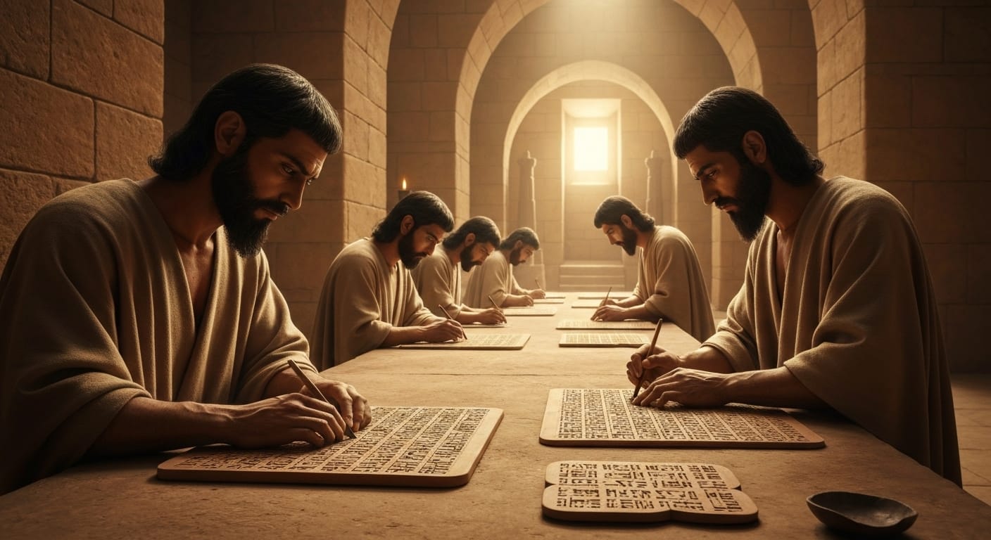 Babylonian scribes writing on clay tablets together. Babylonian scribes writing on clay tablets together.