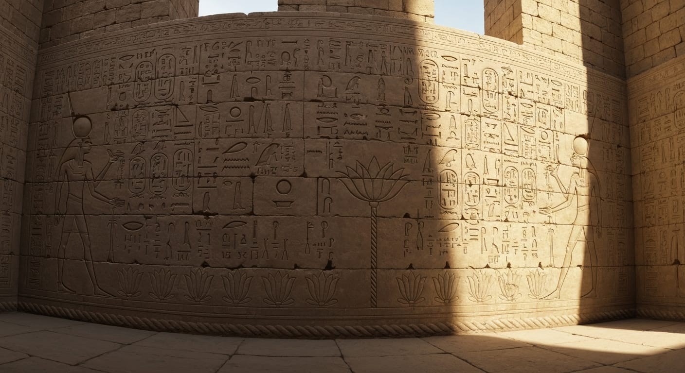 Egyptian temple wall with mathematical hieroglyphs, lotus symbols. Egyptian temple wall with mathematical hieroglyphs, lotus symbols.