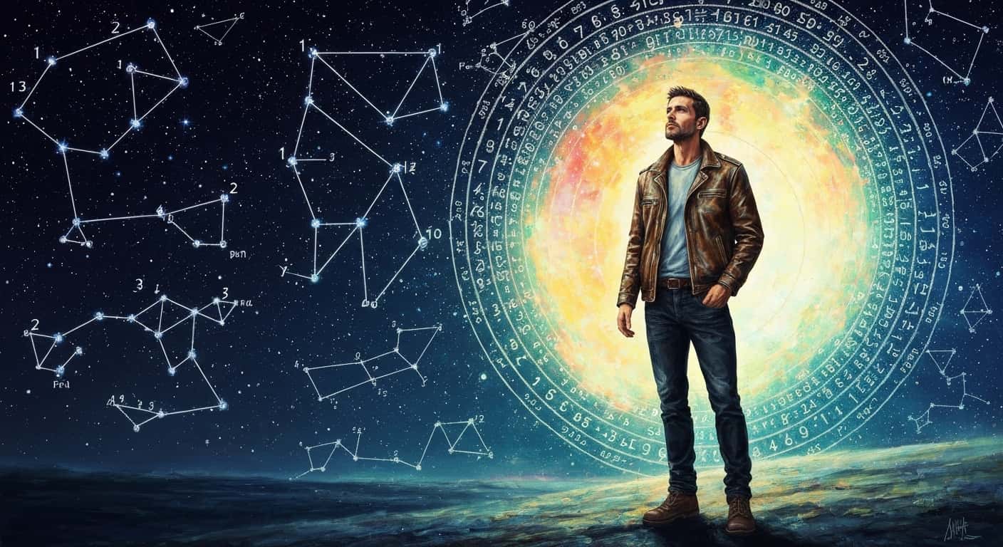 Man gazing at numerical constellation patterns, painted. Man gazing at numerical constellation patterns, painted.
