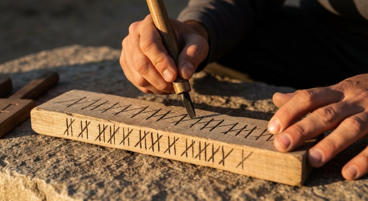 Hands carving tally marks into wood stone. Hands carving tally marks into wood stone.