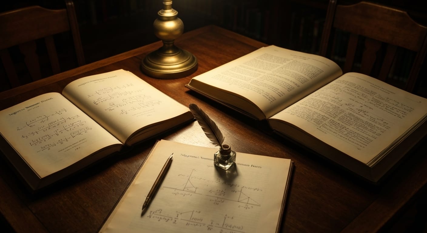 Vintage library with open mathematics books, quill pen. Vintage library with open mathematics books, quill pen.