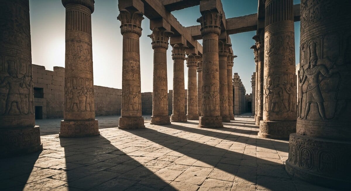 Empty spaces between ornate Babylonian columns casting shadows. Empty spaces between ornate Babylonian columns casting shadows.