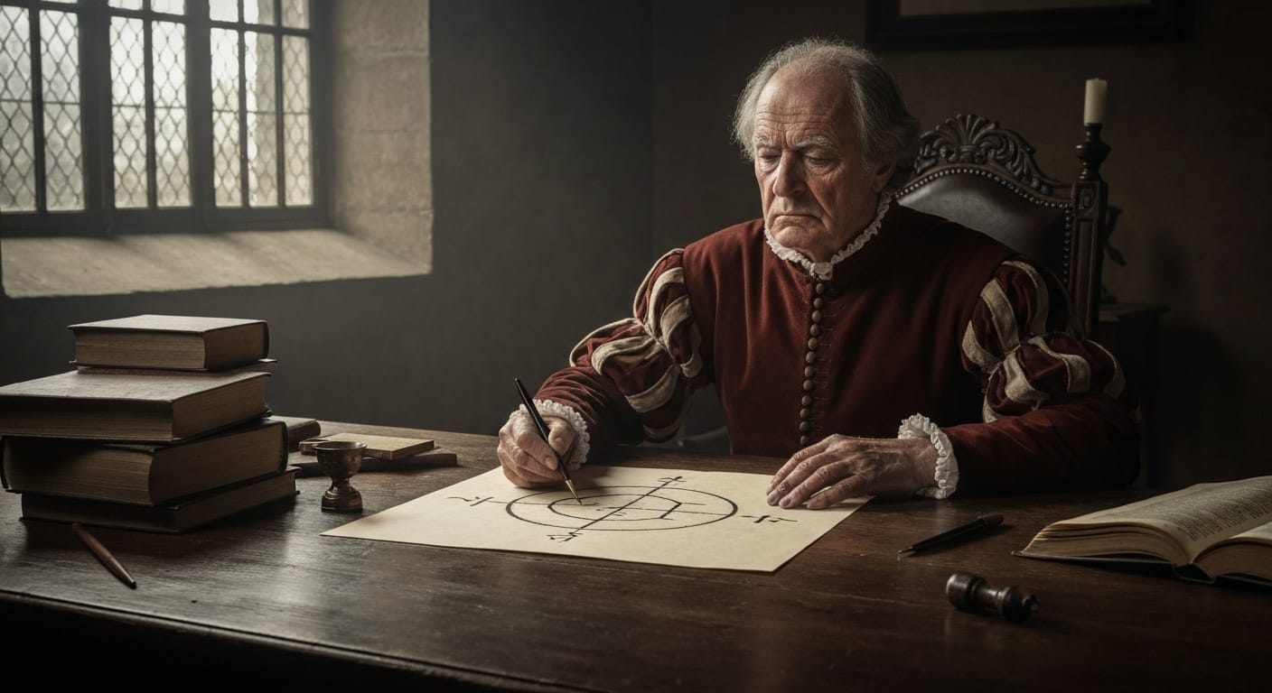 Renaissance mathematician examining mysterious cipher symbol, chiaroscuro. Renaissance mathematician examining mysterious cipher symbol, chiaroscuro.