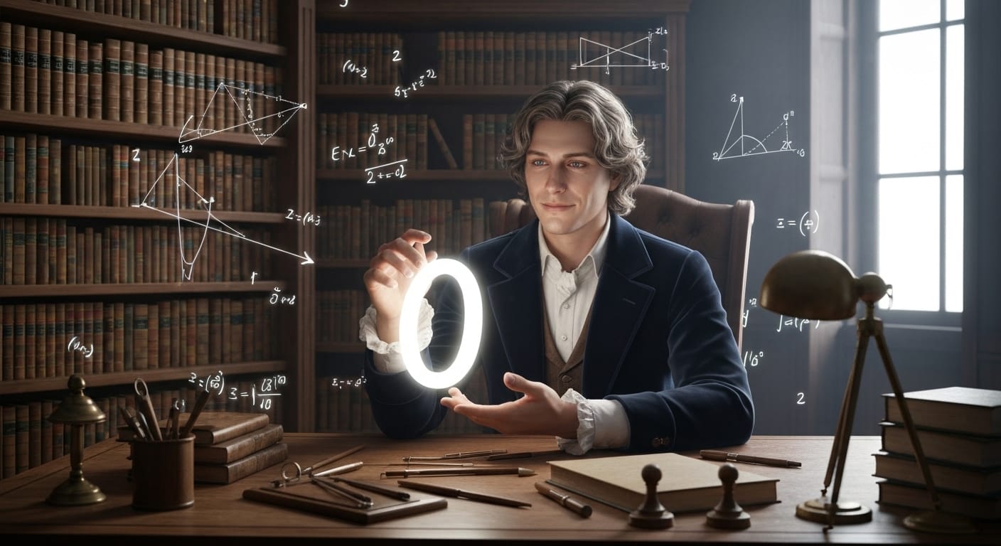 Scholar holding glowing zero symbol, floating equations. Scholar holding glowing zero symbol, floating equations.