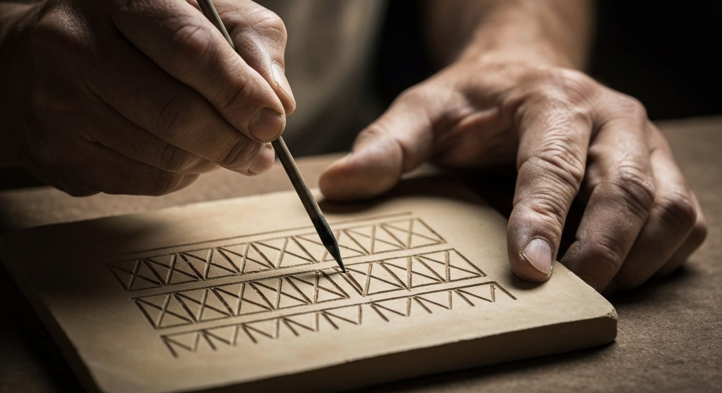 Weathered hands pressing stylus into clay tablet. Weathered hands pressing stylus into clay tablet.