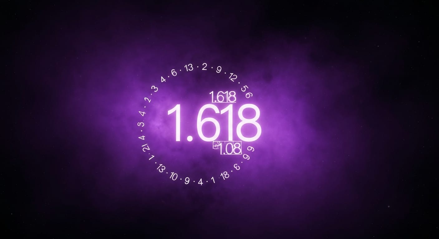 Golden numbers 1.618 glowing in purple cosmic space. Golden numbers 1.618 glowing in purple cosmic space.
