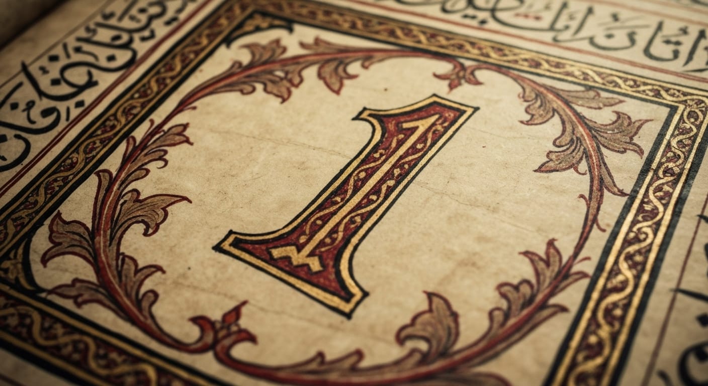 Ornate illuminated manuscript with scarlet gold number.