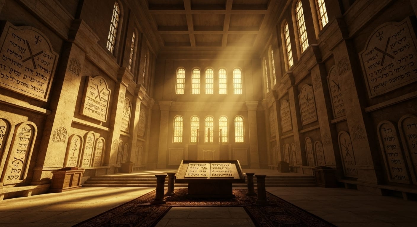 Ancient temple interior with golden light, sacred scrolls.