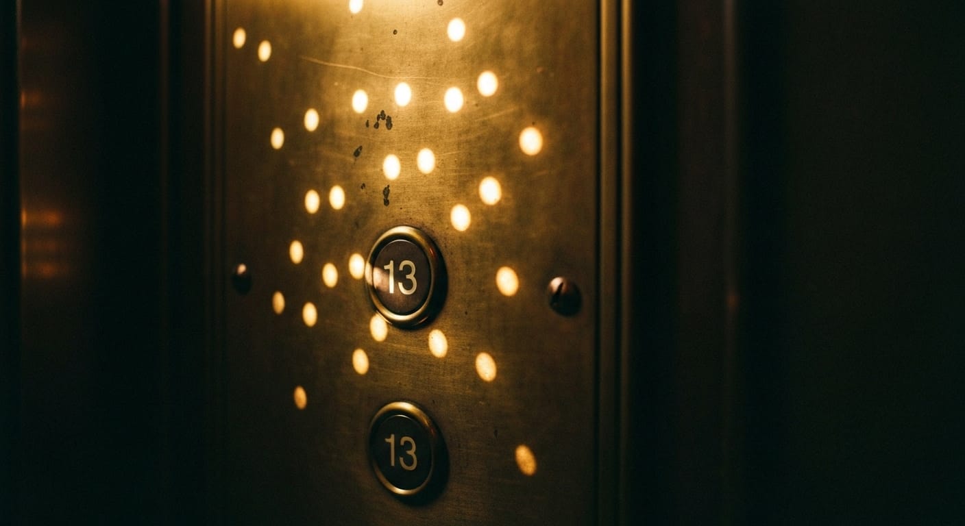 Old elevator panel missing thirteenth floor button.