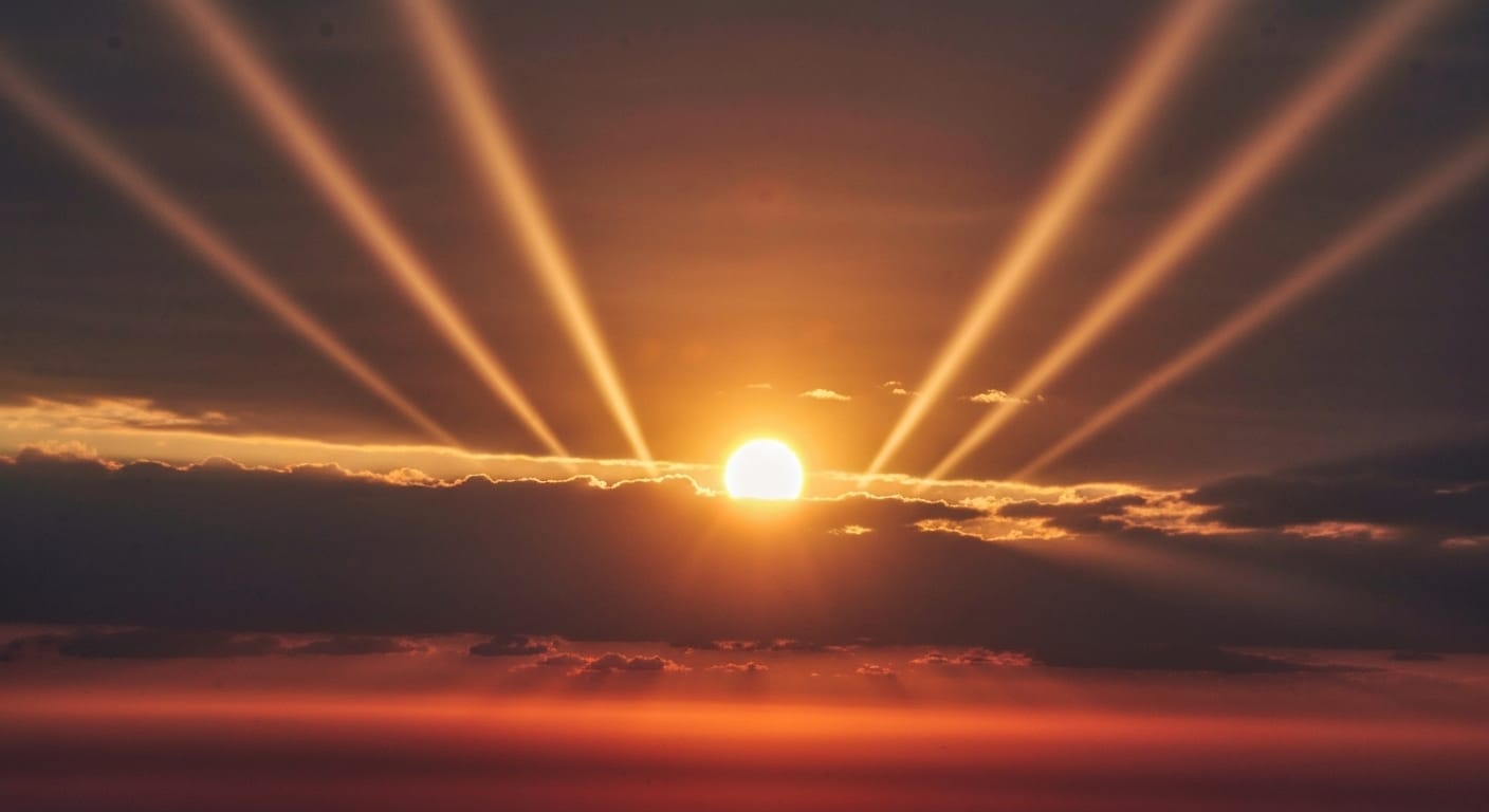 Golden sun with seven beams through clouds.