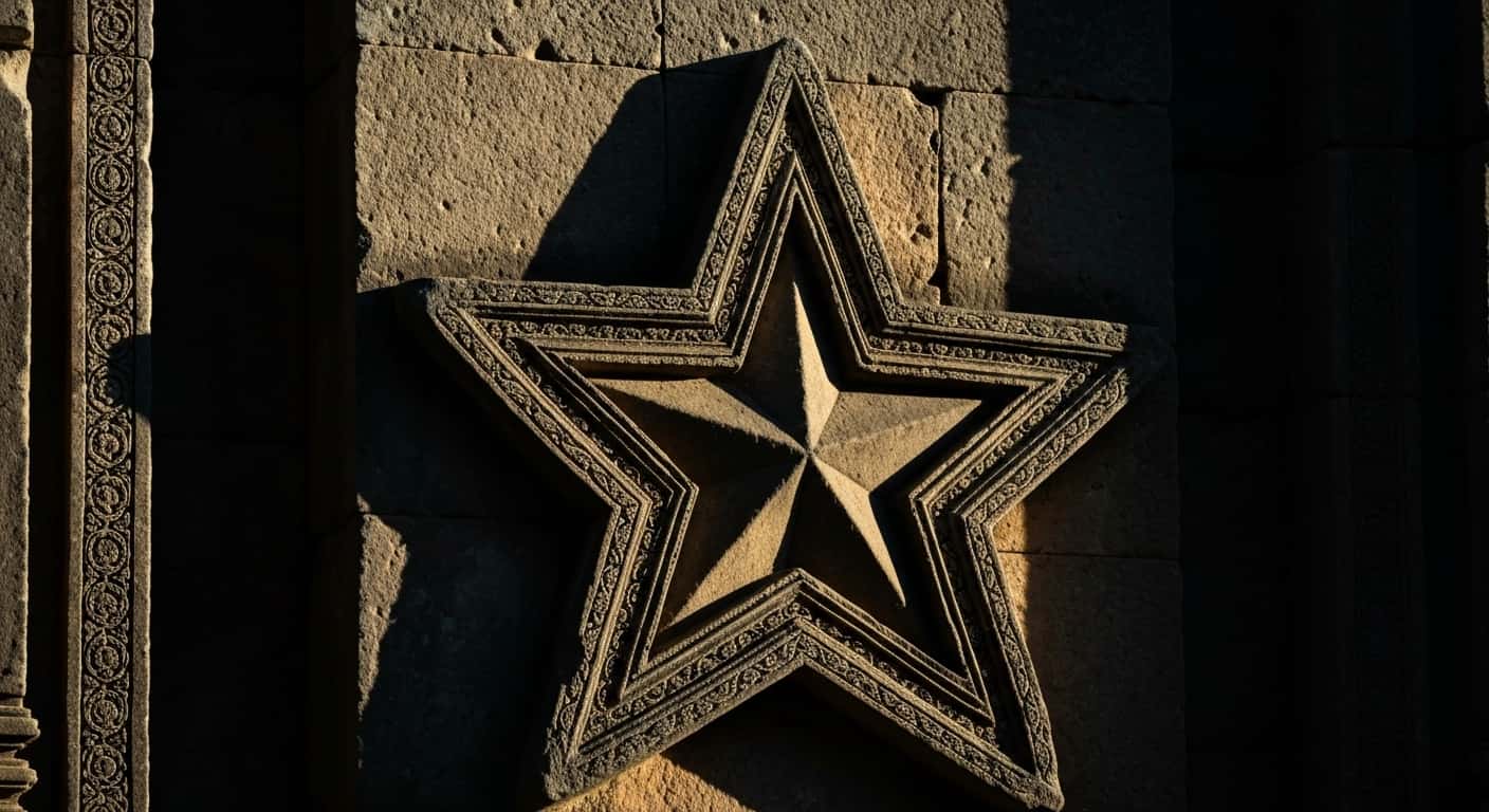 Ornate star carved in ancient stone wall.