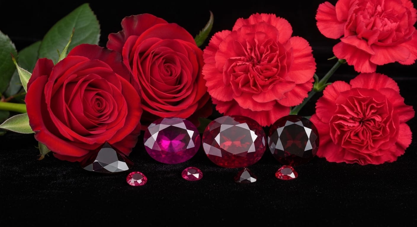 Ruby gemstones with red roses on velvet.