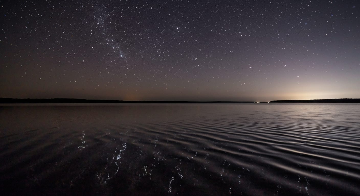 Starlight reflecting on rippling water at night.