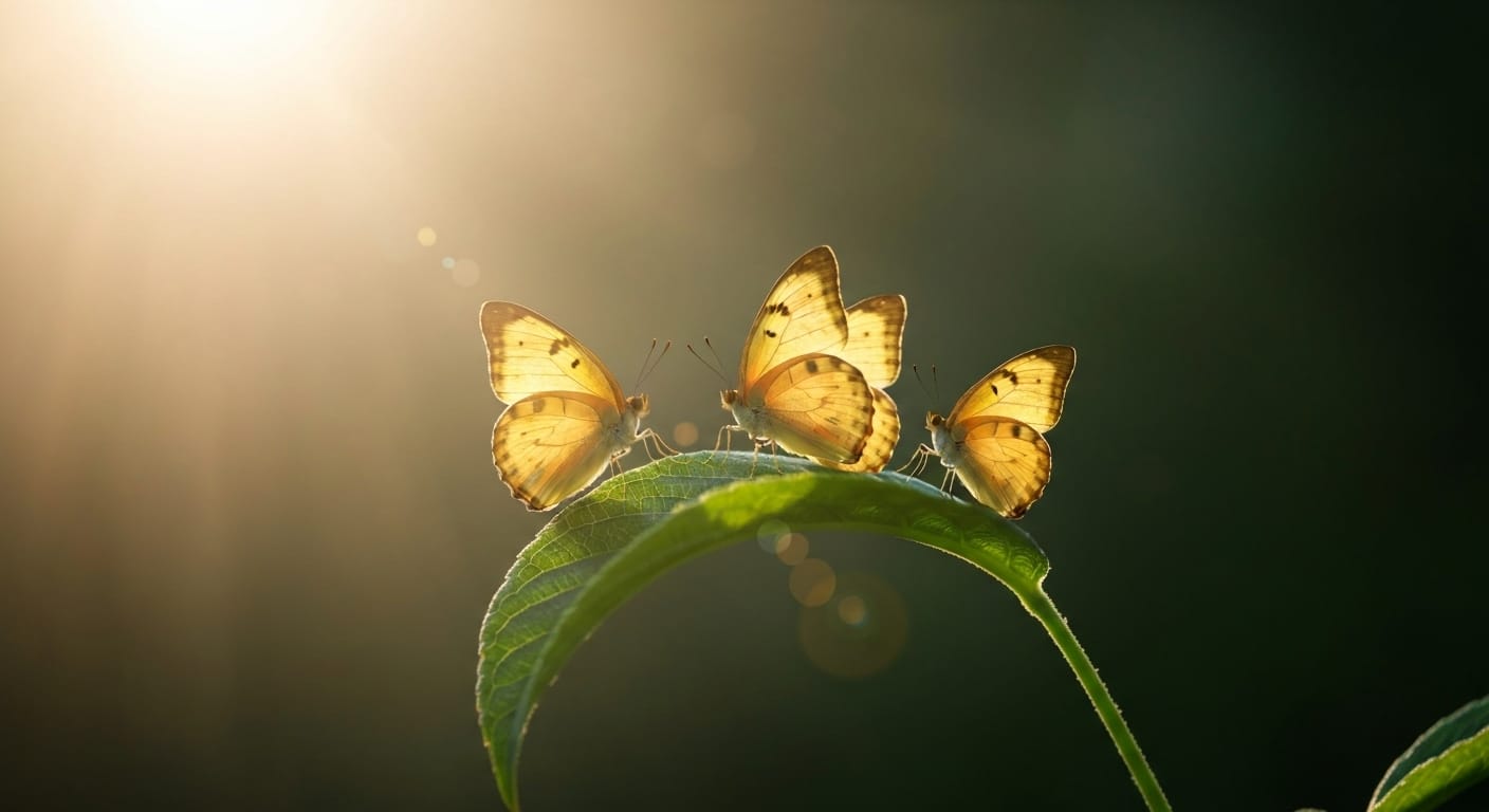 Three golden butterflies on green leaf.