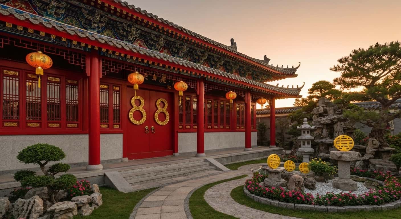Traditional Chinese house with ornate red doors.