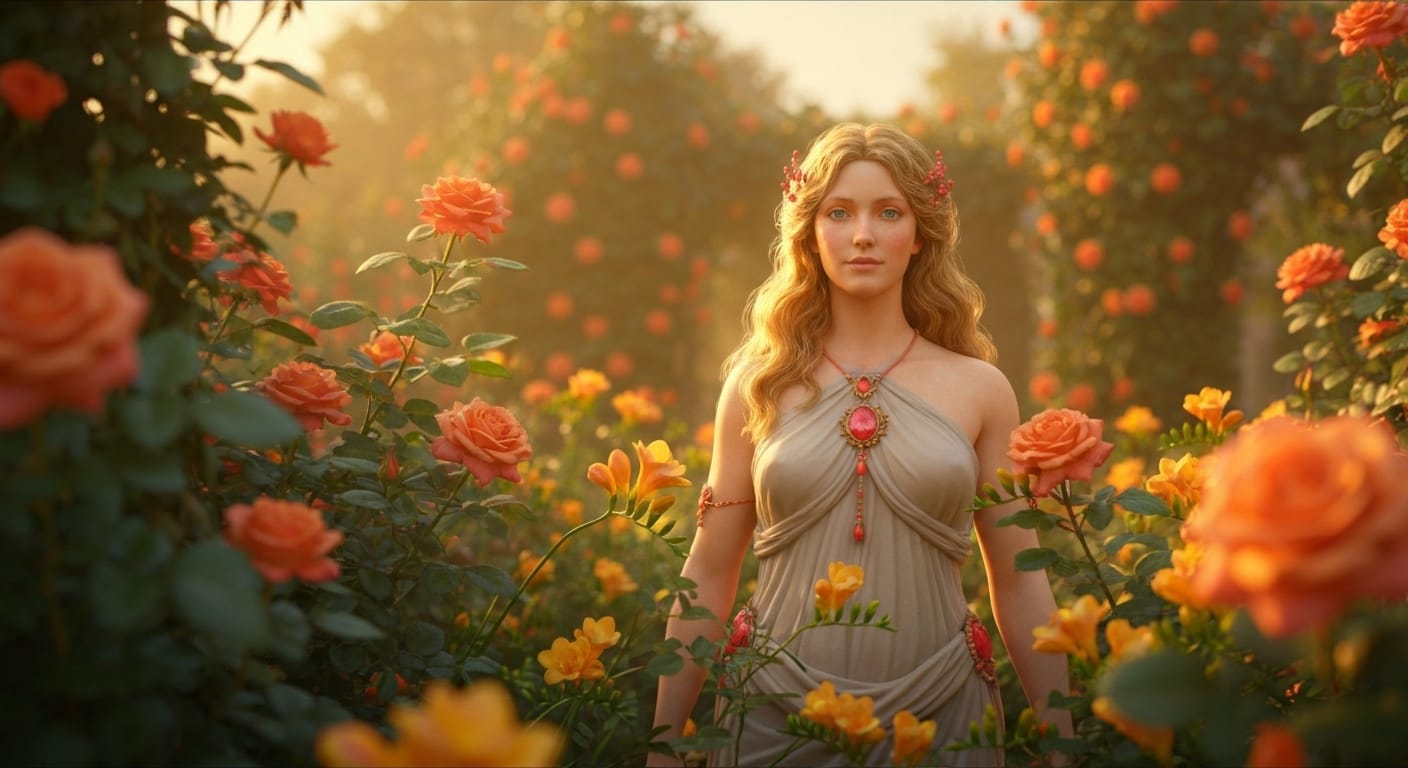 Venus goddess surrounded by orange roses garden.