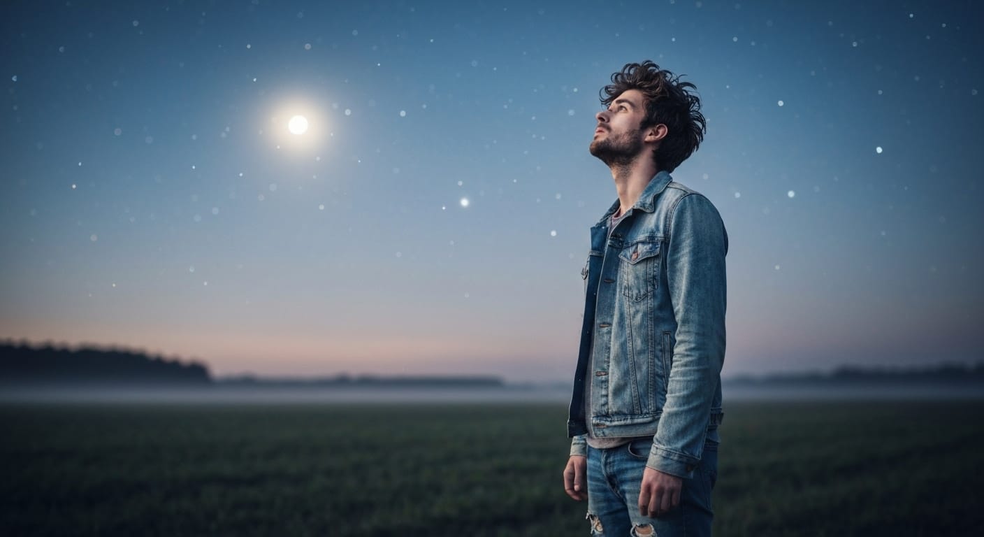 Young man counting stars in moonlit field.
