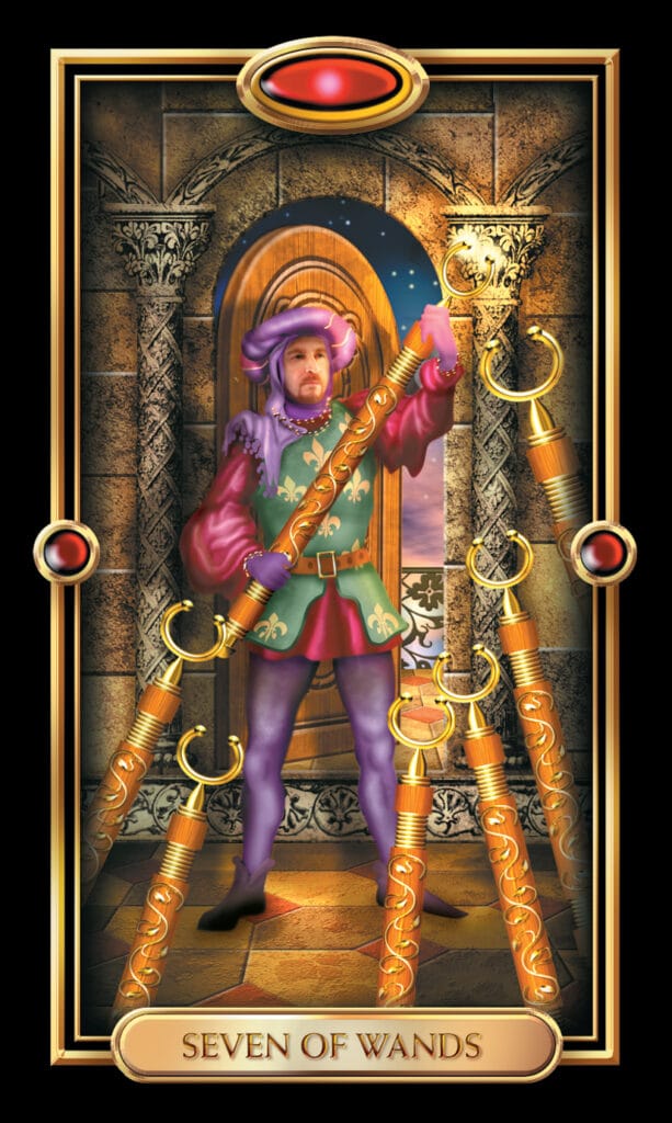Seven Of Wands from The Gilded Tarot Seven Of Wands from The Gilded Tarot