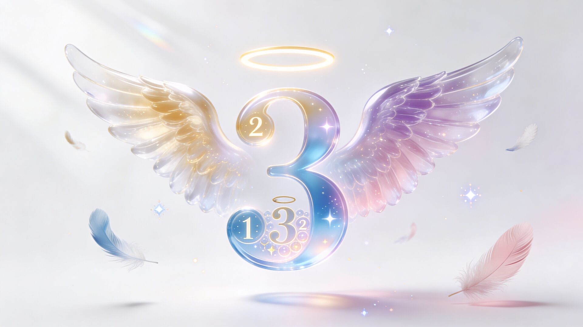 Crystal number 3 with angel wings, halo, and floating feathers Crystal number 3 with angel wings, halo, and floating feathers