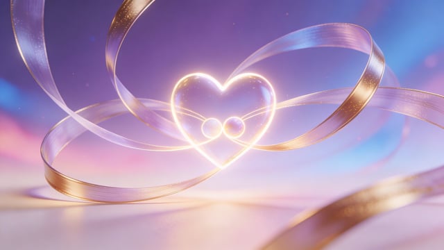 Glowing golden heart of intertwining ribbons against a purple and blue sky