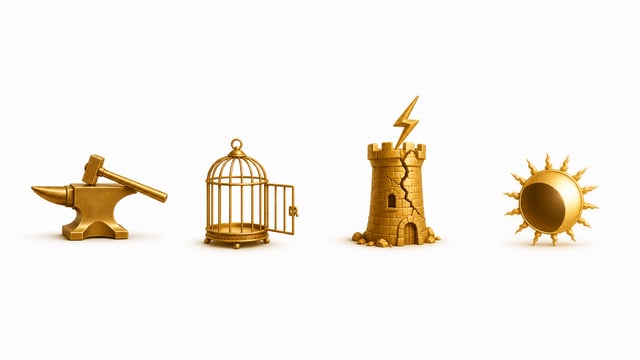 Four gold symbolic objects representing the four karmic debt numbers: anvil, birdcage, tower, eclipsed sun