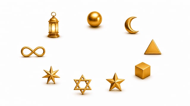 Nine gold geometric forms arranged in a circle representing the numerology numbers 1 through 9