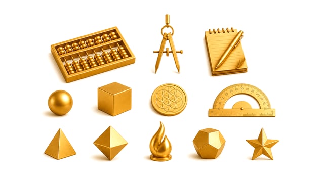 Collection of gold 3D calculation tools and geometric forms arranged on white background