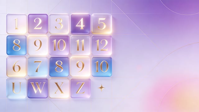 Grid of glowing purple and blue glass tiles with golden numbers and letters