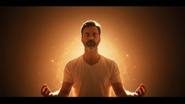 Person meditating in golden sunlight, expressing peace.