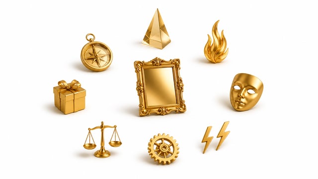 Gold 3D objects representing the components of a numerology chart — compass, prism, flame, mask, scales, and gears on white background