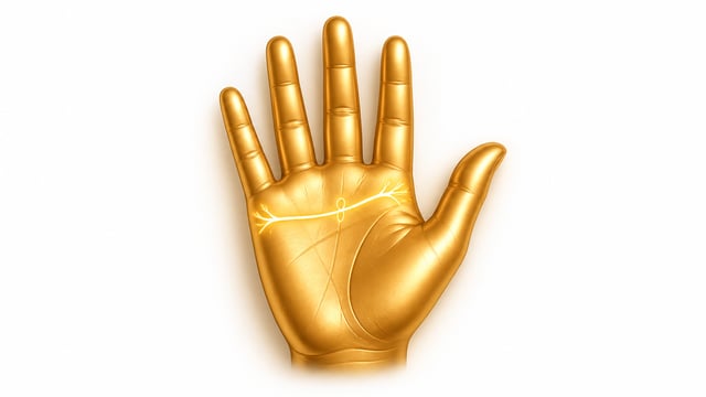 Golden palm with the heart line glowing, showing its curve from pinky to index finger