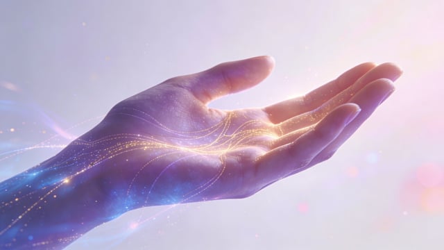 Open palm with glowing golden lines of light against a soft purple and white ethereal background