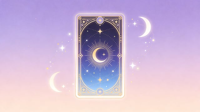 Ornate tarot card with crescent moon and stars against a purple and pink gradient sky