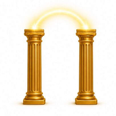 Two golden pillars with light between
